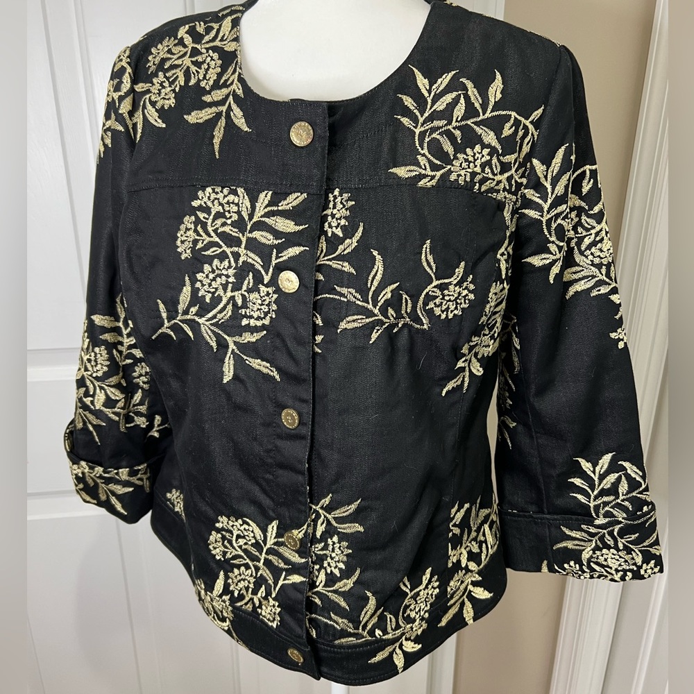 Peter Nygard black Jacket with gold floral embroidery. Size 10